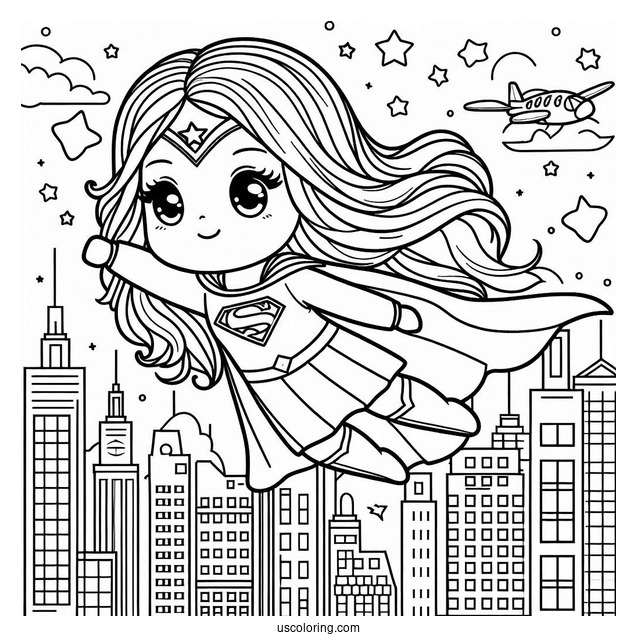 Cute Supergirl Coloring Page Flying Through The City For Preschoolers