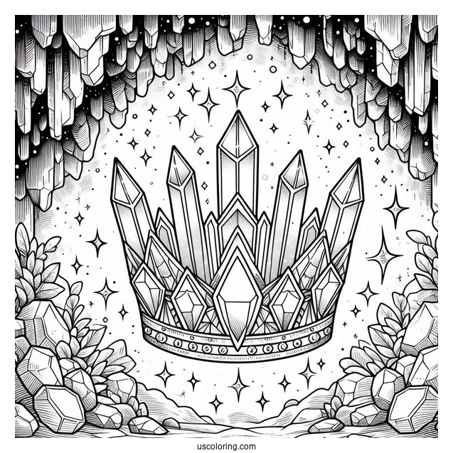 Crystal Crown Coloring Page in a Glittering Gemstone Cave