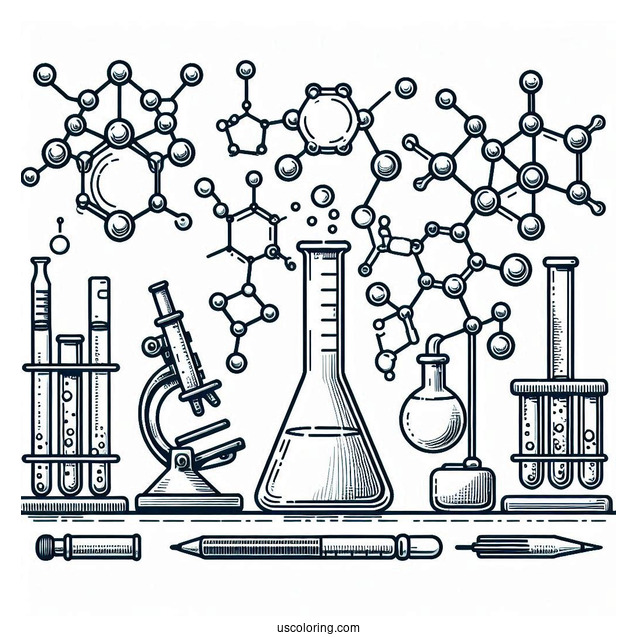 Science Coloring Page Of Laboratory Tools And Molecules For Kids