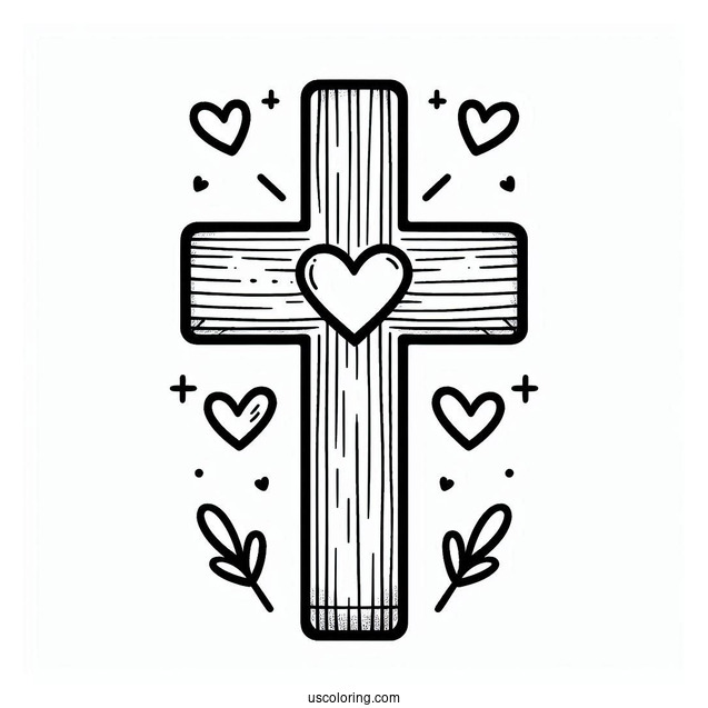 Cross Coloring Page With Love Heart For Preschoolers