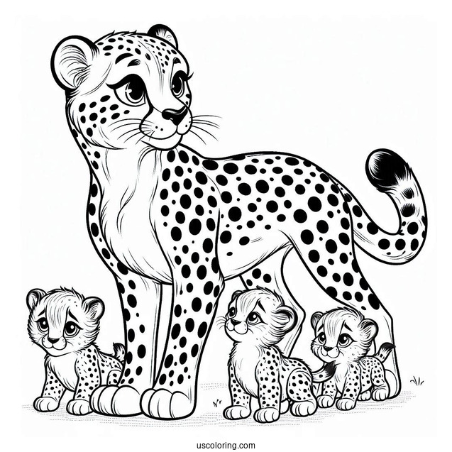 Mama Cheetah Coloring Page With Her Babies