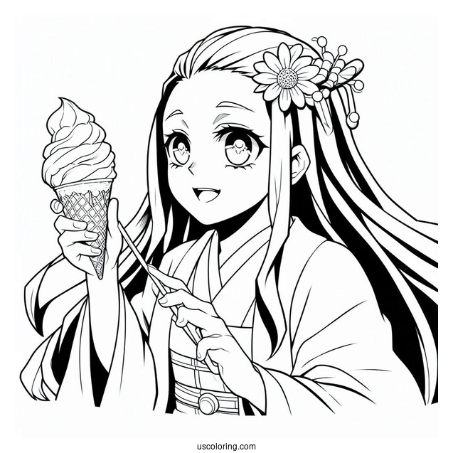 Modern Nezuko Coloring Page And Zenitsu Having Ice Cream