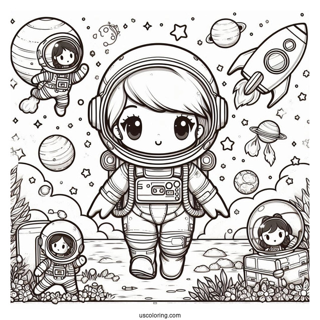 Outer Space Journey with a Chibi Coloring Page Astronaut and Rocket Ships