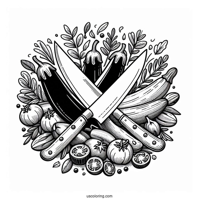 Ratatouille Coloring Page Surrounded By Kitchen Knives