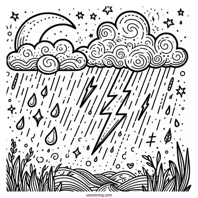 Rain Coloring Page Of Rainclouds With Lightning
