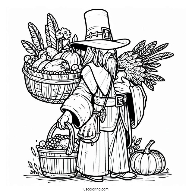 A Pilgrim Coloring Page Of A Native American Carrying Food