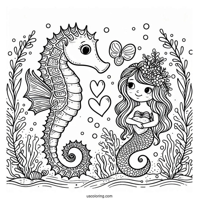 Seahorse And Mermaid With Love Heart To Color