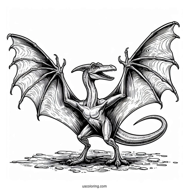 Scary Pterodactyl Coloring Page Standing On The Ground And Spreading Wings