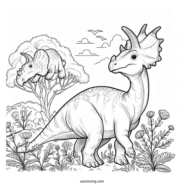 Parasaurolophus Coloring Page With Triceratops