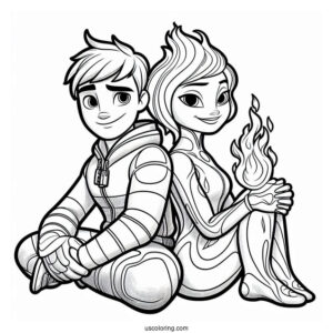 Pixar Coloring Page of Ember Lumen And Wade Ripple From Elemental