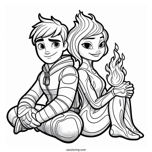 Pixar Coloring Page of Ember Lumen And Wade Ripple From Elemental
