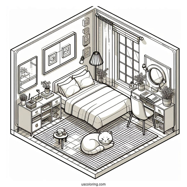 Modern Isometric Bedroom Coloring Page With A Large Cat
