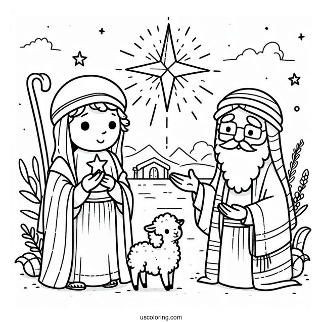 Adorable Nativity Coloring Page With A Shepherd And A Wise Man