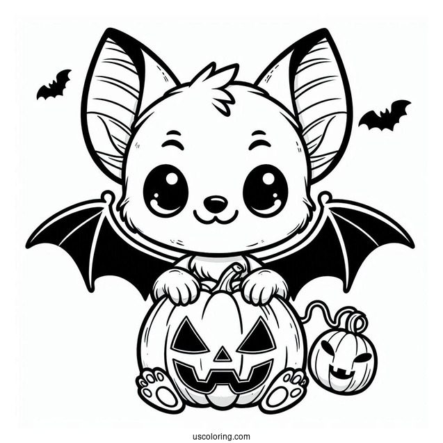 Cartoon Bat Coloring Page Holding Jack O Lantern