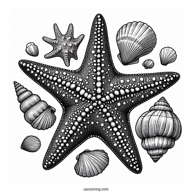 Textured Starfish Coloring Page With Seashells