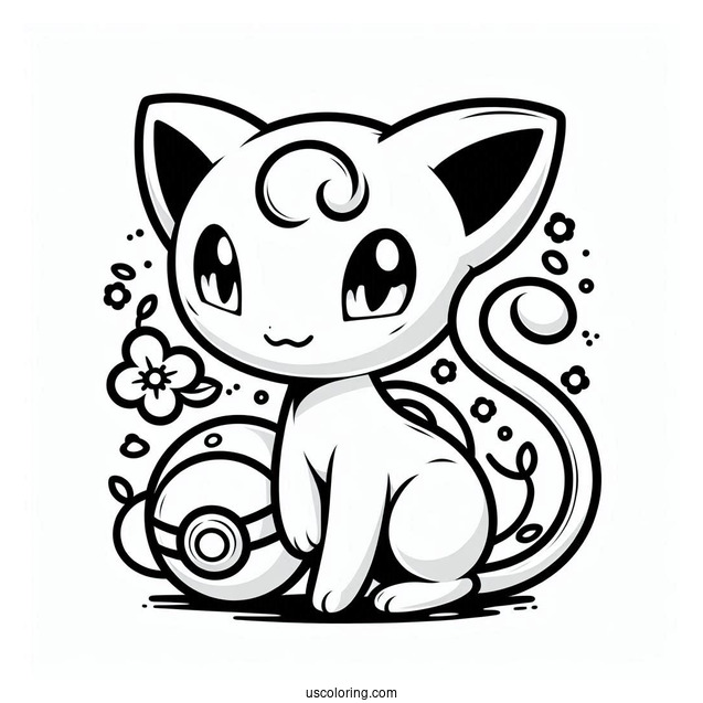 Easy Mew Coloring Page Holding Pokeball For Kids