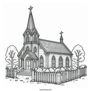 Old Church Coloring Page With A Fence