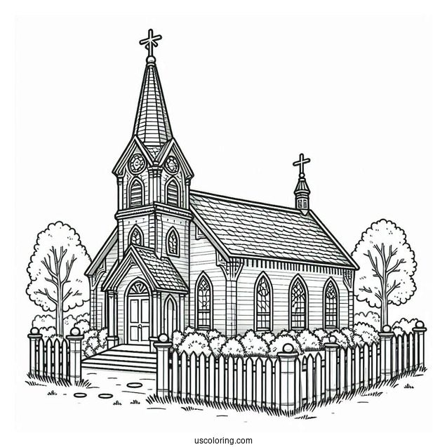 Old Church Coloring Page With A Fence