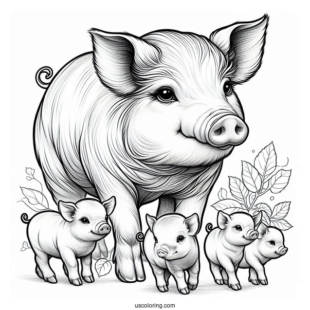 Realistic Mother Pig With Piglets To Color