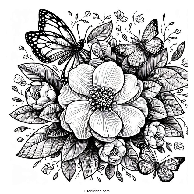 Flower Coloring Pages Of Quince With Butterflies In A Ring