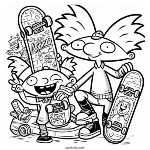 Nickelodeon Coloring Page Of Hey Arnold With Gerald Holding Skateboards