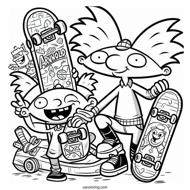 Nickelodeon Coloring Page Of Hey Arnold With Gerald Holding Skateboards