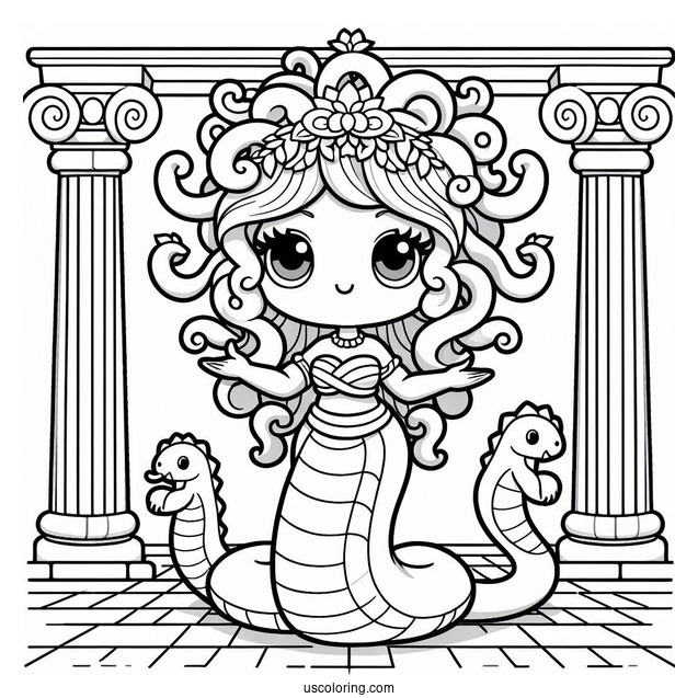 Cute Cartoon Medusa Coloring Page Standing Inside Temple