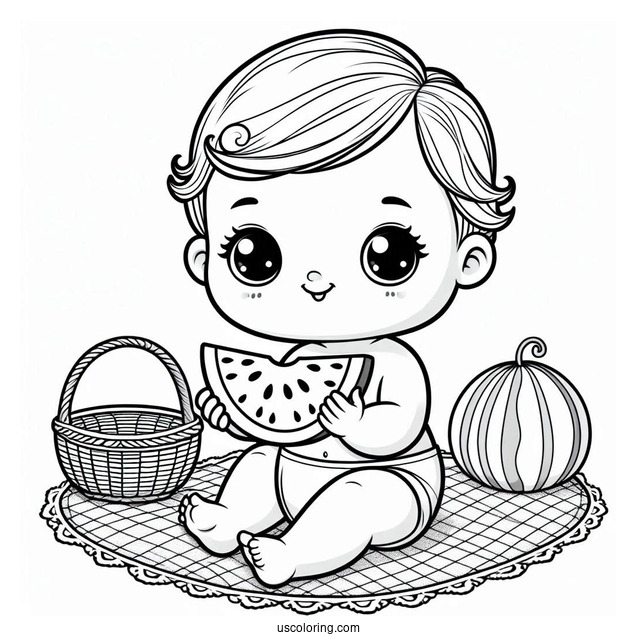 Pretty Baby Coloring Page Sitting On A Picnic Mat With A Watermelon For Kids