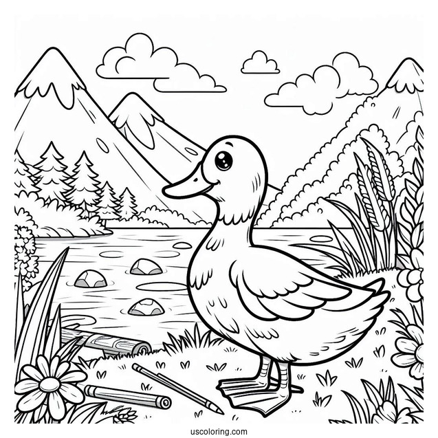 Simple Hiker Duck Next To the River Coloring Page For Preschoolers