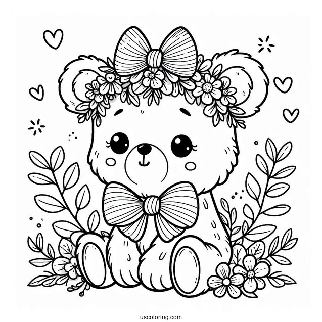 Easy Cartoon Bear With Flower Crown And Bow Spring Coloring Page