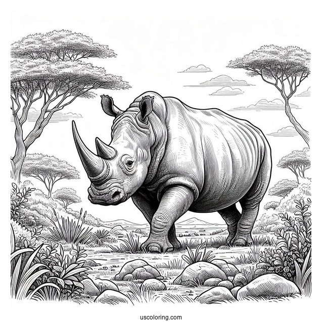 African Rhino In The Wild To Color
