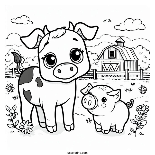 Cow And Pig On a Farm To Color