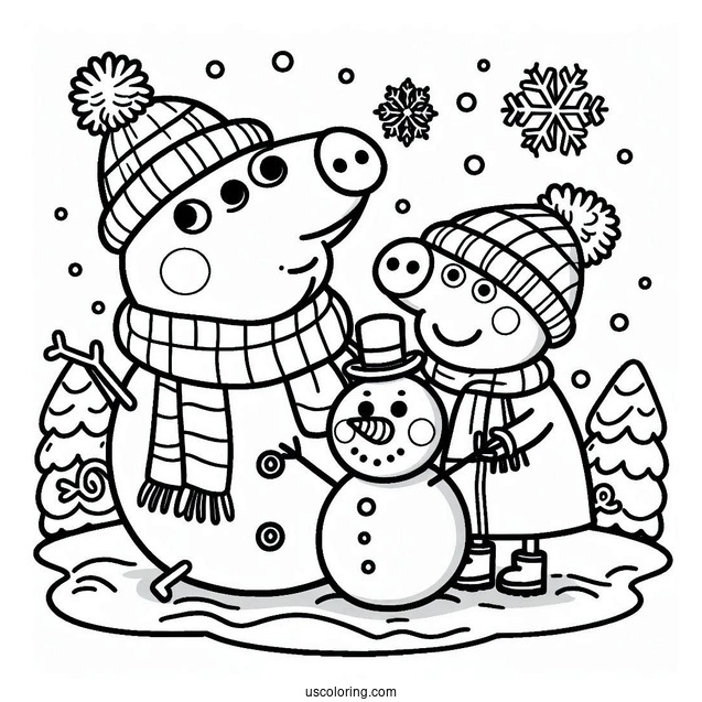 Peppa And George With Snowman Coloring Sheet