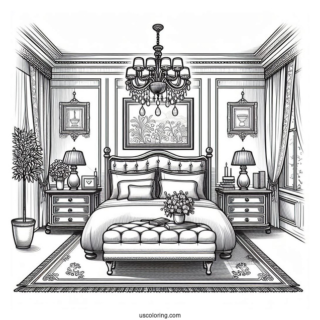 Classy Bedroom Coloring Page With Ottoman, Paintings, And Hanging Lights