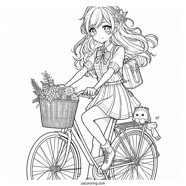 Anime Girl Riding Bicycle Coloring Page