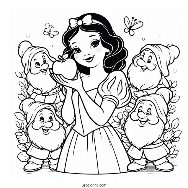 Coloring Page Of Show White Holding Apple With Dwarfs