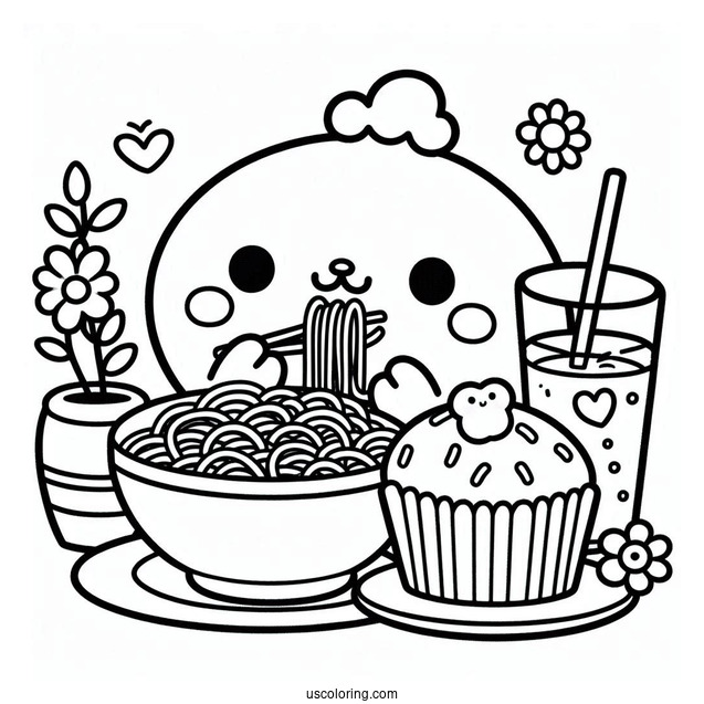 Pompompurin Eating Noodles With Muffin