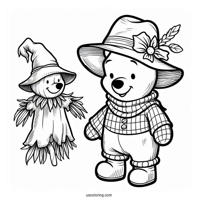 Adorable Winnie The Pooh Dressed As A Scarecrow Coloring Page For Preschoolers