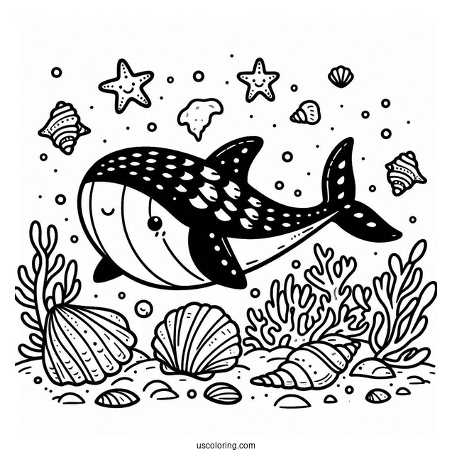 Cute Whale Shark Coloring Page With Seashells