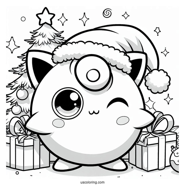 Pokemon Christmas Coloring Page Winking Jigglypuff Wearing Santa Hat For Kids