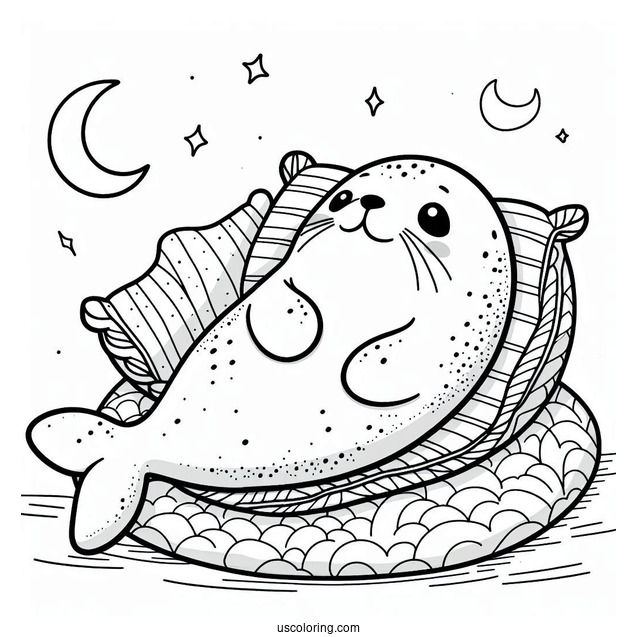 Cute Seal Coloring Page Stuffed Toy On A Bed