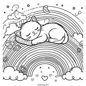 Kitten Sleeping On Top Of A Rainbow Coloring Page For Kids