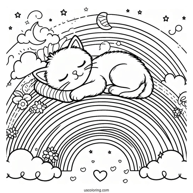 Kitten Sleeping On Top Of A Rainbow Coloring Page For Kids