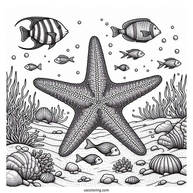 Realistic Starfish Coloring Page On Seafloor With Fishes