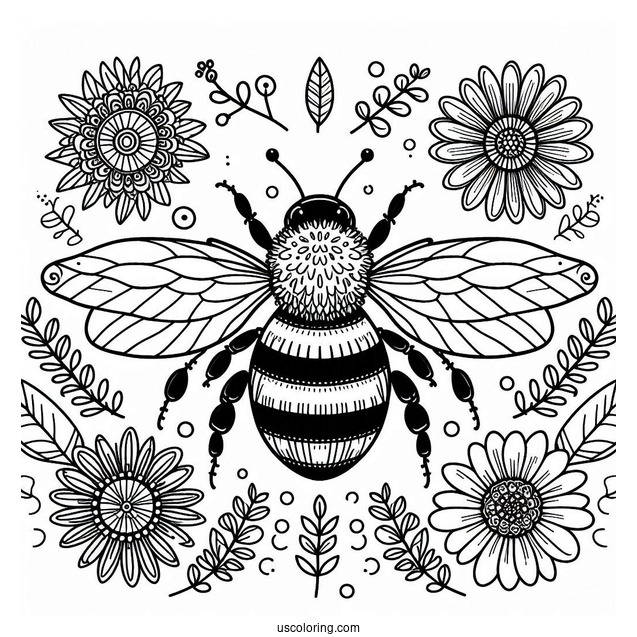 Complex Bumblebee In Nature Pattern Coloring Page