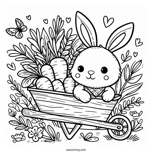 Rabbit In A Wheelbarrow With Carrots In Spring Coloring Sheet For Preschoolers