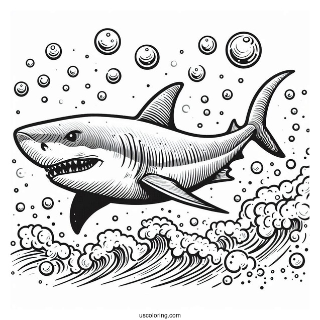 Great White Shark Coloring Page With Bubbles