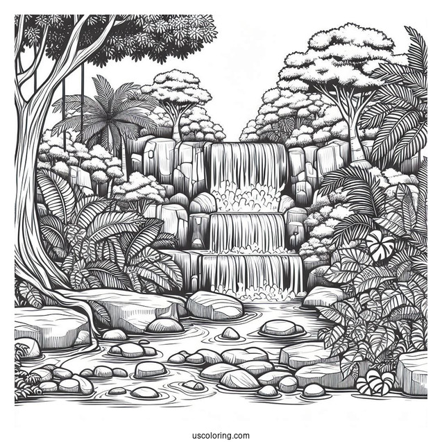 Detailed Jungle Coloring Page Of Waterfall