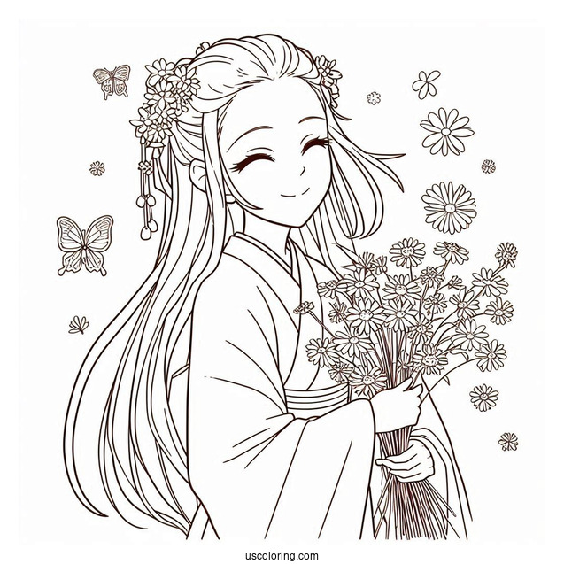 Nezuko Coloring Page Smiling And Holding Wildflowers