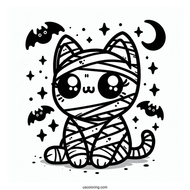 Kawaii Cat Mummy Coloring Page With Bats For Preschoolers